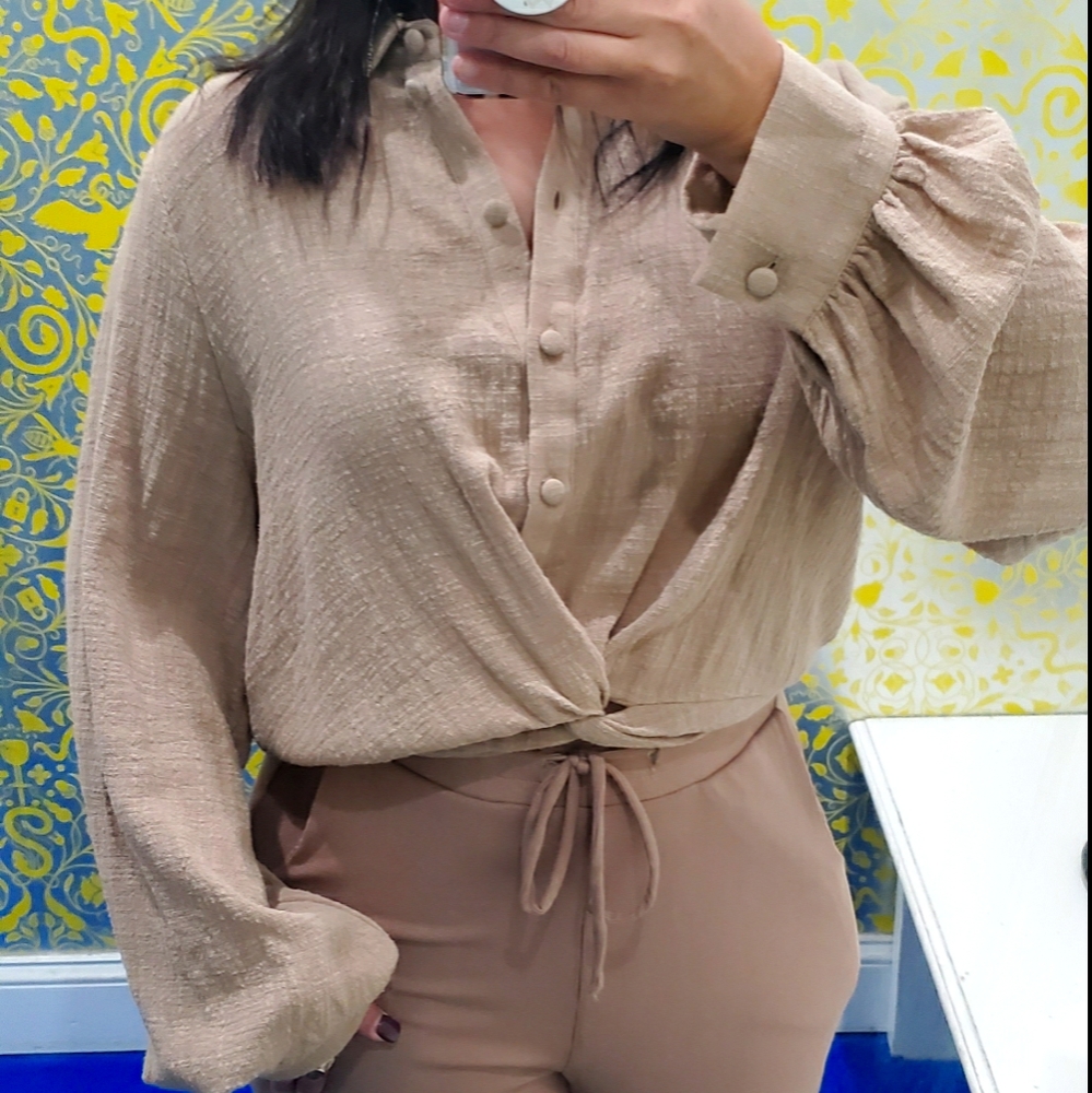 Beautiful Long Sleeves Button Down  Nude Top